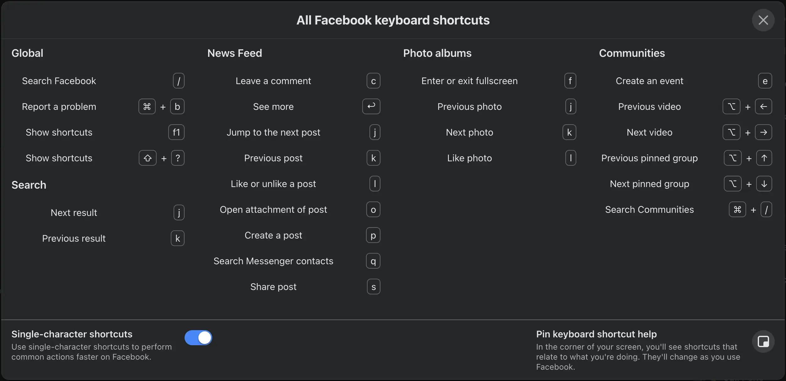 Facebook keyboard shortcuts popup