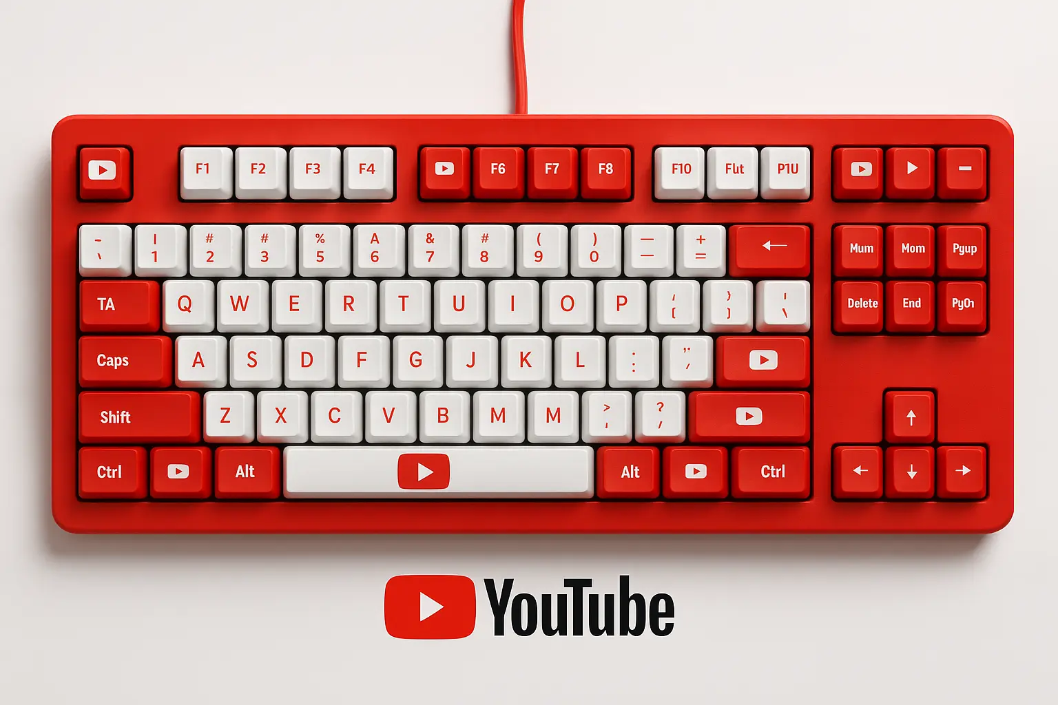 Close-up of a keyboard Enter key featuring the YouTube play button logo, symbolizing YouTube keyboard shortcuts.