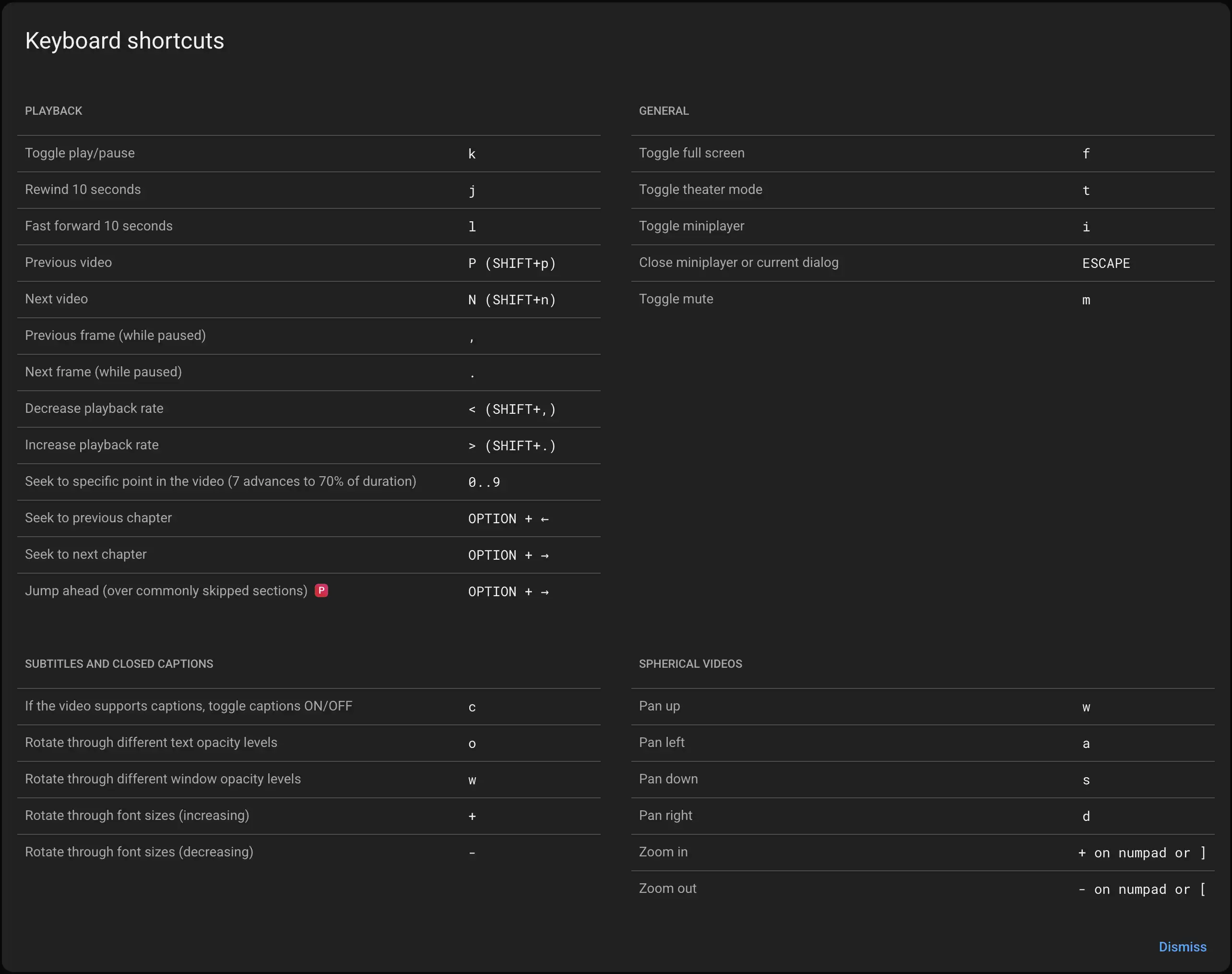 All native YouTube shortcuts displayed by pressing Shift + ?