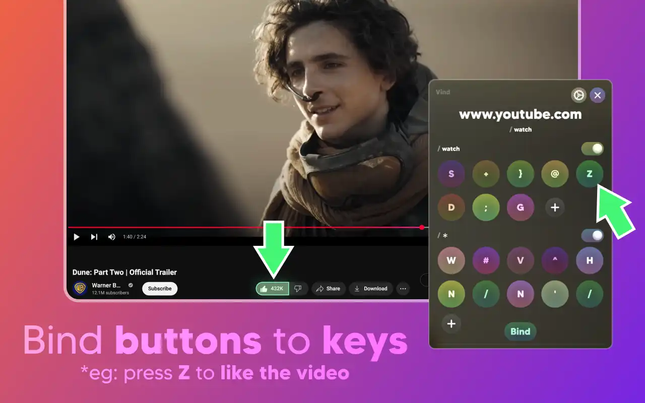 Demonstration of using Vind to like videos on youtube using your keyboard